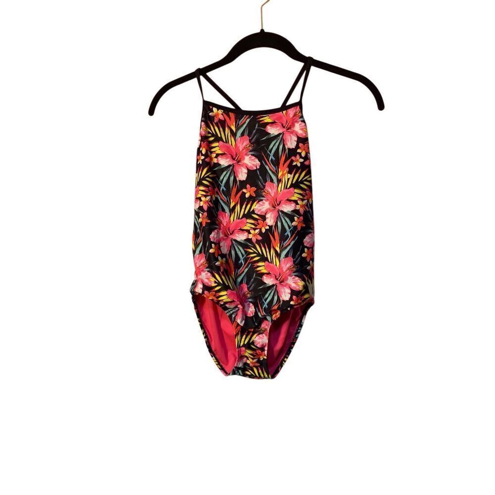 Hurley Girls Black Hyper Pink Floral Tropical One Piece Swimsuiu 10/12